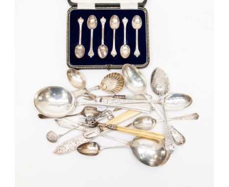 A small quantity of silver flatware to include an 1802 spoon, an 1859 London, George Adams,  shell caddy spoon, some tongs an