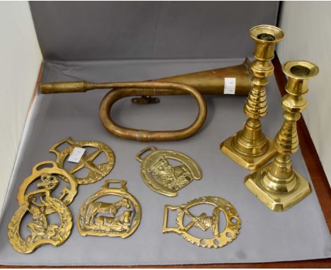 A collection of six horse brasses, including "Festival of Britain 1951"; Looe Cornwall; Dartmoor, Jamaica Inn, a windmill and