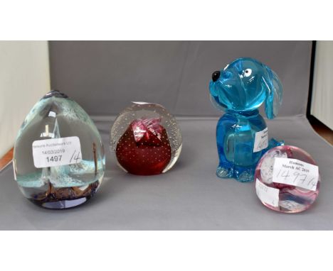 Three Caithness paperweights - "Kathmandu"; Moon Crystal and Cauldron, stamped on bases, together with a Murano style figure 