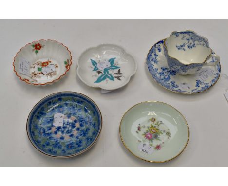 Four ceramic 20th century trinket dishes including Shelley and Coalport blue and white teacup and saucer