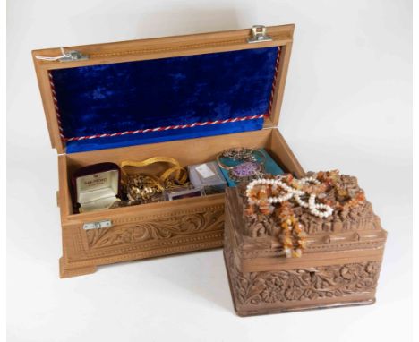 Two jewellery boxes containing a 22ct gold wedding ring, weight approx 2.4gms, silver bangle, costume jewellery including sto