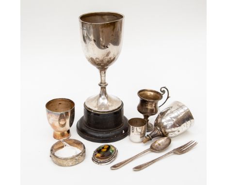 A collection of silver including small trophy, cutlery, bangle and a brooch (9)