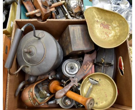A collection of brass and copperware, including scales, weights, cast iron on stand, etc