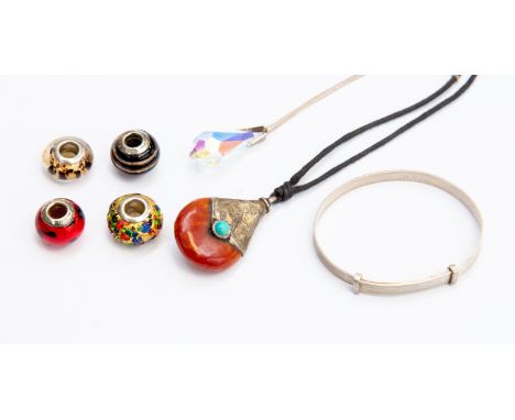 A pendant, branch coral amalqum turquoise and white metal pendant four (Murano) and silver beads, Italy, silver bangle, silve