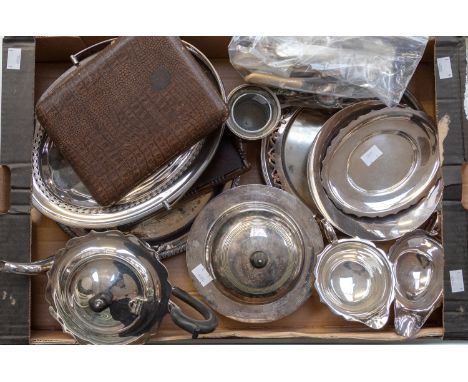 A collection of assorted silver plated ware, including; jugs, trays, teapot, basket, flatware, boxed knives, muffin dish, etc