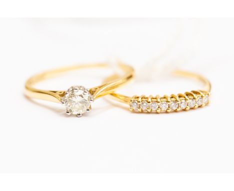 A solitaire diamond ring, claw set approx 0.30ct, claw set in 18ct gold, size O1/2,  together with diamond set half eternity 