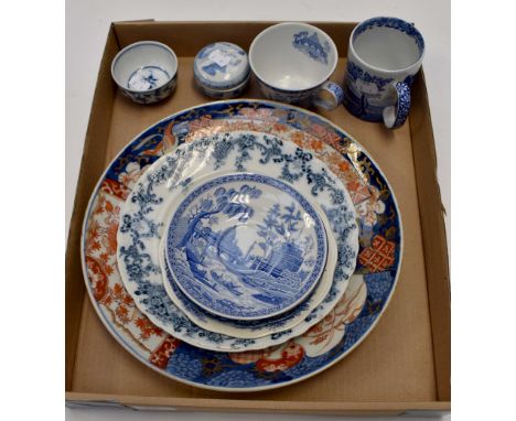 Blue and white ceramic items including Spode cup and saucer and Imari style, approx 31diameter (10) 