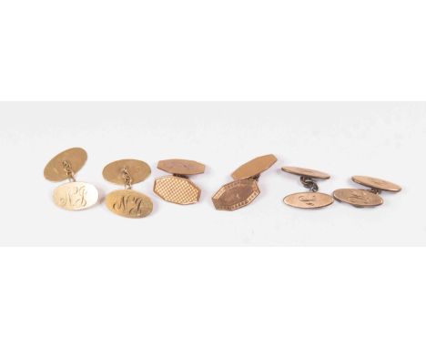 Three pairs of 9ct gold cuff links, two pairs intialled, the other pair octagonal shaped, combined total weight  approx 17 gr