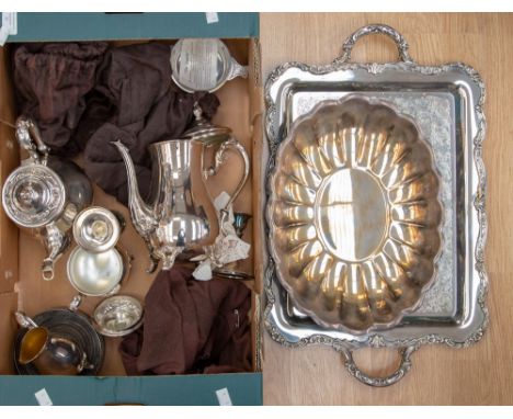 A collection of silver plate and white metal including a large Victorian style two handled tray; a Victorian style large tea 