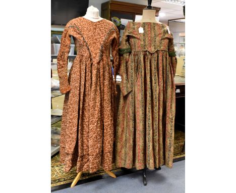A 1820-25 paisley patterned cotton late Regency dress in a khaki coloured paisley print with a green and red pattern, hand ma