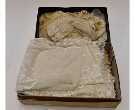 A collection of vintage lace to include; a cream lace Edwardian blouse, with cream pearl buttons on cuffs and waistline and a