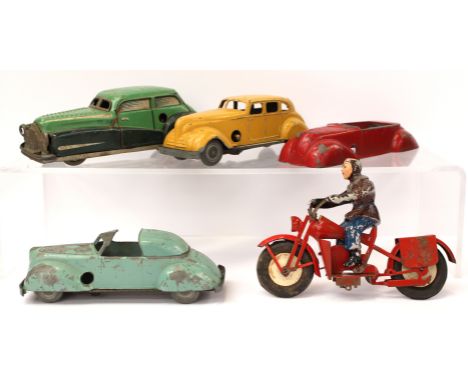 French Brevette car, two early Solido cars and tin motor bike with rider