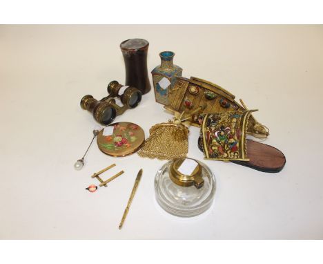 Collectors lot to include vintage opera glasses, Stratton compact, brass mounted inkwell, treen dice holder and dice, gilt me