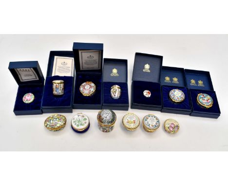 Collection of Halcyon Days enamel pill boxes, some boxed to include; three Mothers Day boxes; Happy Christmas 1995 &amp; 1996