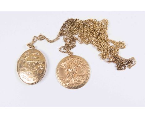 9ct gold jewellery to include a St Christopher with chain along with a fancy link chain and an oval locket engraved bird and 