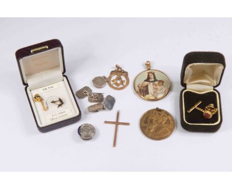 A 9ct gold Masonic fob weight approx 4.5gms, unmarked Masonic pin, 9ct gold cross, weight approx 2.9gms, silver cufflinks, lo