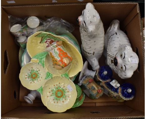 Mixed ceramics lot to include pair of Staffordshire white spaniel dog flatbacks, pair Radford stout candlesticks, Carlton War