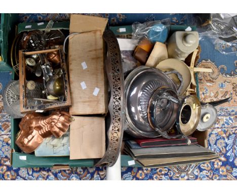 Collection of metal wares, photos, cards, books, treen and scales