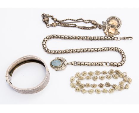 A white metal watch chain with fancy link and a fob of bloodstone and agate, a silver bangle Victorian and a white metal fili