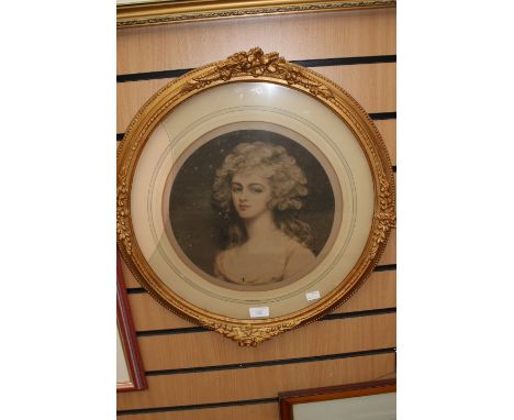 E.M. Hester, a roundel portrait of a beauty, colour print, signed and dated 1913, gilt frame 