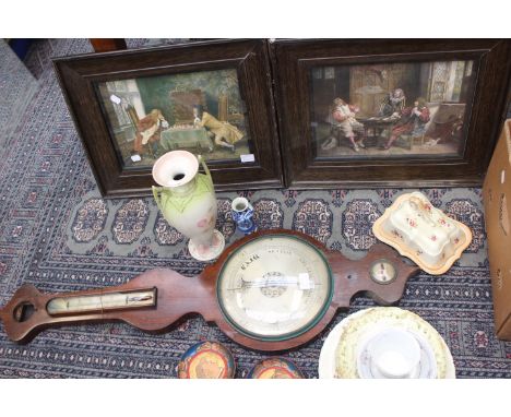 A pair of Civil War style prints, a barometer A/F pair of Brittany painted coasters, bread plate, ribbon plate, ceramics, etc
