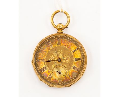 An 18ct gold Hunter pocket watch, gold tone dial, Roman numerals, subsidary dial, gold tone foliate decoration, diameter appr