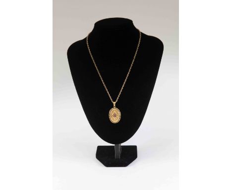 An 18ct gold oval pendant set with rubies, a/f one missing, total gross weight approx 5.7gms, on a 9ct gold chain, length app