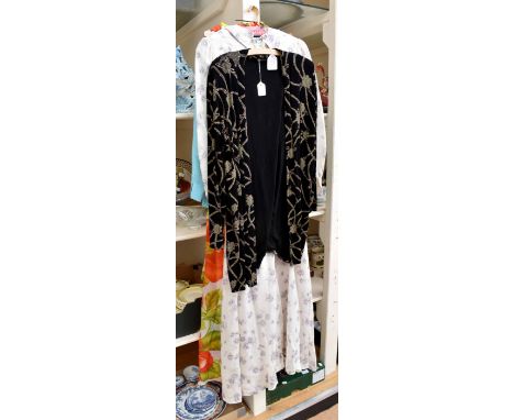 A turquoise jacket by GC - A cotton lawn white dress with lilac flowers, 1970's long length, with pointed collar - a colourfu