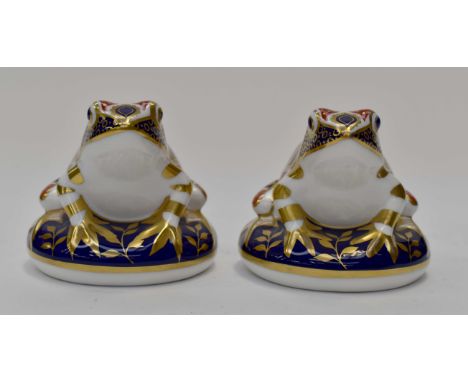 Two Royal Crown Derby Frog paperweights, without gold stoppers