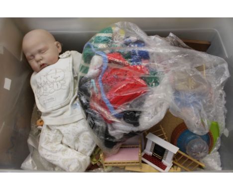 Sylvanian family: various toy models, furniture, etc, a doll and various hand knitted dolls clothing (one box) 