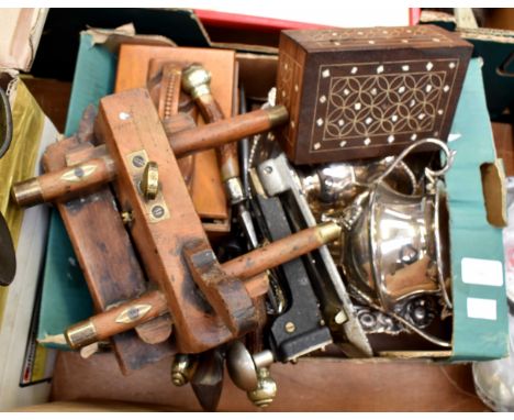 A collection of assorted items, including 19th Century horn handled carving set, silver plated wares, ebony carved paper kniv