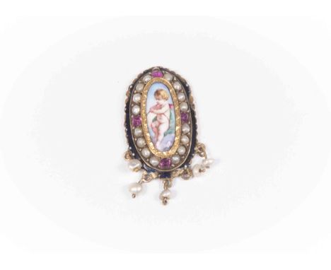 A Georgian pendant, enamel miniature depicting a cherub, with an enamel, seed pearl and ruby border, with further seed pearl 