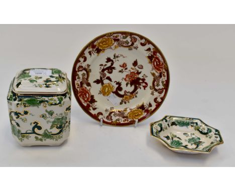 Masons Ironstone "Chartreuse" tea caddy together with a bonbon dish and a brown velvet tea plate (3)