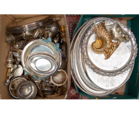 Four silver plated platters, two serving plated trays and other plated items including coffee pots, Mappin and Webb and plate