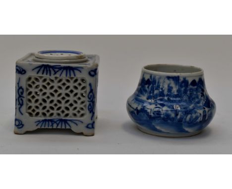 A Chinese blue and white squat vase; and a square inkwell (2)