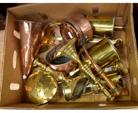Good mixed brass and copper lot to include Prima Birmingham miners lamp, two copper Victorian jelly moulds, two chestnut roas