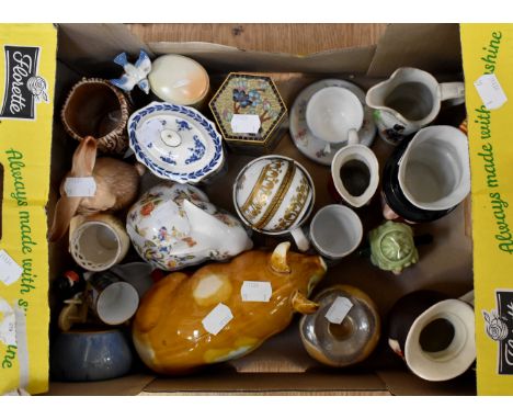 Collection of ceramics to include small character and Toby jugs, Sylvac rabbit, jugs, Wedgwood blue and white sugar basin and