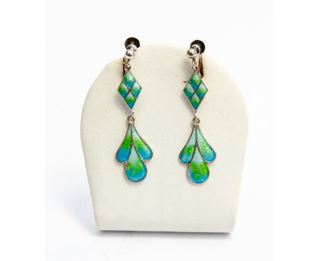 A pair of silver and enamel drop earrings, with blue/ green enamel foliate dropper, diamond shaped top on screw fittings. Len