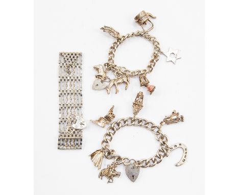 Two vintage silver curb charm padlock bracelets and a 7 bar gate bracelet, total gross weight 158 grams / 5.08 ozt approx