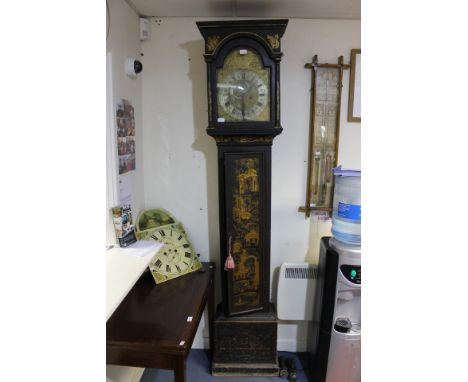 A George II Chinoiserie lacquered longcase clock, the arched brass dial with silvered chapter ring,  roman and arabic numeral