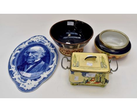 A collection of ceramics including a plaque depicting a bearded gent, a hand painted bowl, possibly Japanese, an Art Deco han