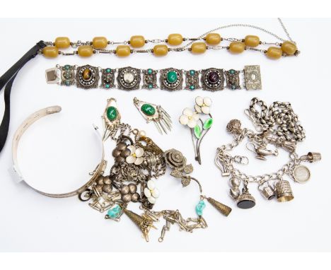 A collection of silver jewellery to include an unmarked  Victorian Albertina fob chain,  belchor link chain and a hallmarked 