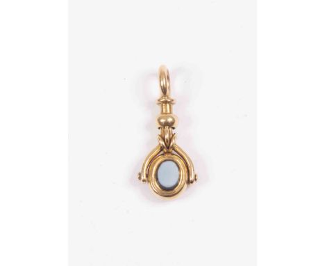 A Victorian high carat gold swivel fob, agate set front and reverse, length approx 30mm, total gross weight approx 4gms