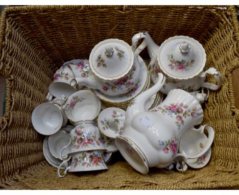 A Royal Albert "Moss Rose" comprehensive tea, coffee set, cake stand and plate, teapots x 2, coffee pot, 18 tea cups/saucers/