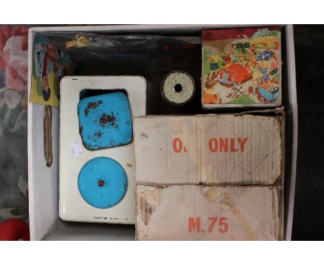 Box containing Chad Valley twin tub and washing machine, along with Jack in the Box, stacking cubes etc