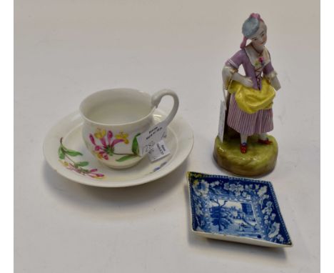 A 19th Century Meissen painted cup and saucer 1891 (honeysuckle); a German 19th Century figurine and an English print b/white