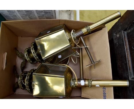A pair of electric carriage lamps, with bracket fittings, brass, glass and copper with eagle finial