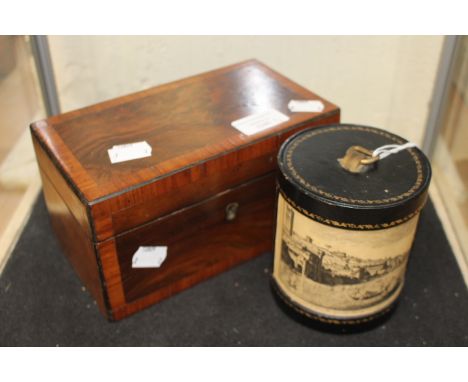 An Edwardian tea caddy walnut veneer and edging together with a leather box (2)