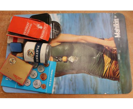 A tin of 50 Players Navy Cut and a box of 24 Players Gold Leaf cigarettes, unopened, both Virginia Embassy playing cards, Man