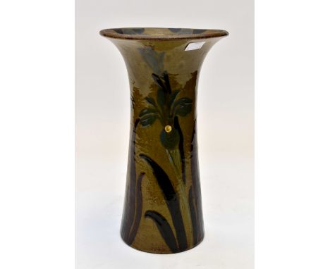 An Edwardian Art Nouveau tapered Faience vase, hand painted throughout with abstract foliage on an olive green ground, terrac